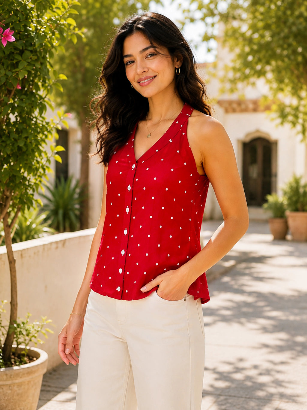 Women's Red Printed Halter Neck Sleeveless Casual Top