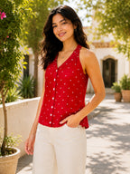 Women's Red Printed Halter Neck Sleeveless Casual Top
