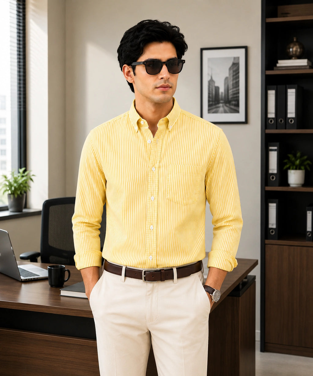 Men's Yellow Striped Cotton Shirt | Full Sleeve Casual Shirt