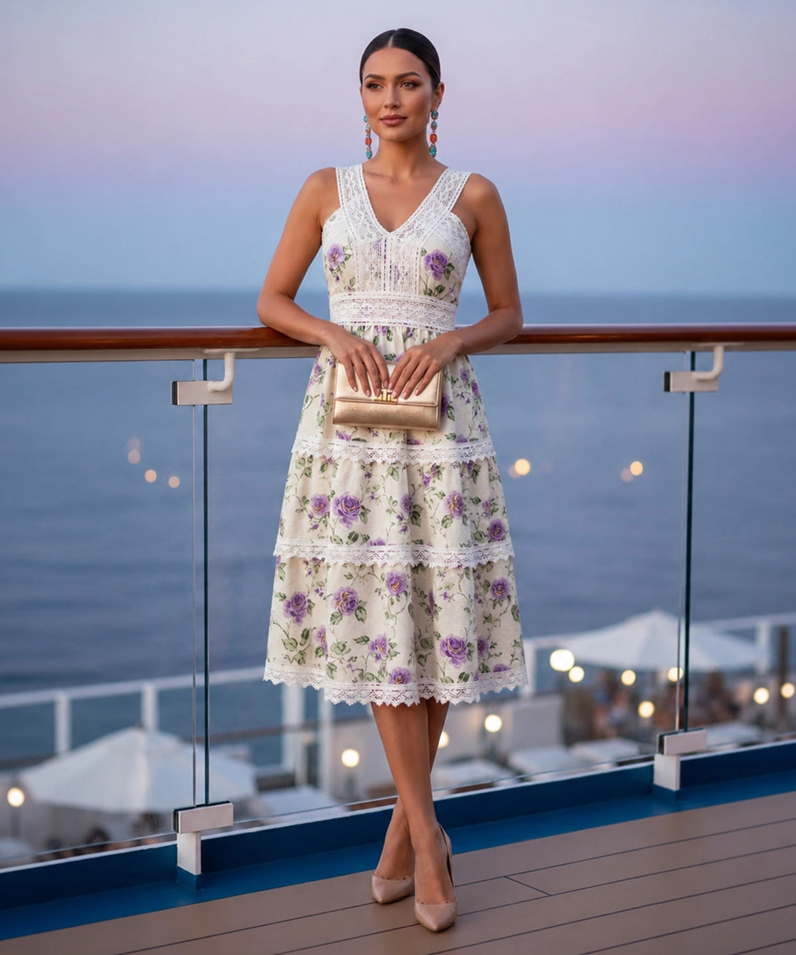 Floral Print Tiered Midi Dress with Lace Trim & Smocked Back
