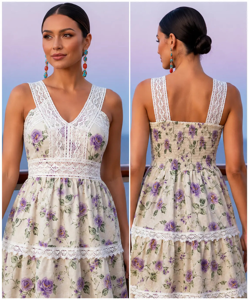 Floral Print Tiered Midi Dress with Lace Trim & Smocked Back