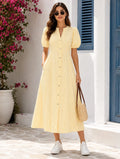 Women’s Yellow Striped Cotton Midi Dress | Puff Sleeve