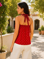 Women's Red Printed Halter Neck Sleeveless Casual Top