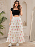 Women's 100% Cotton White Pink Floral Tiered Maxi Skirt