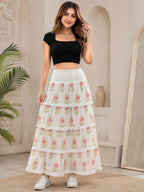 Women's 100% Cotton White Pink Floral Tiered Maxi Skirt