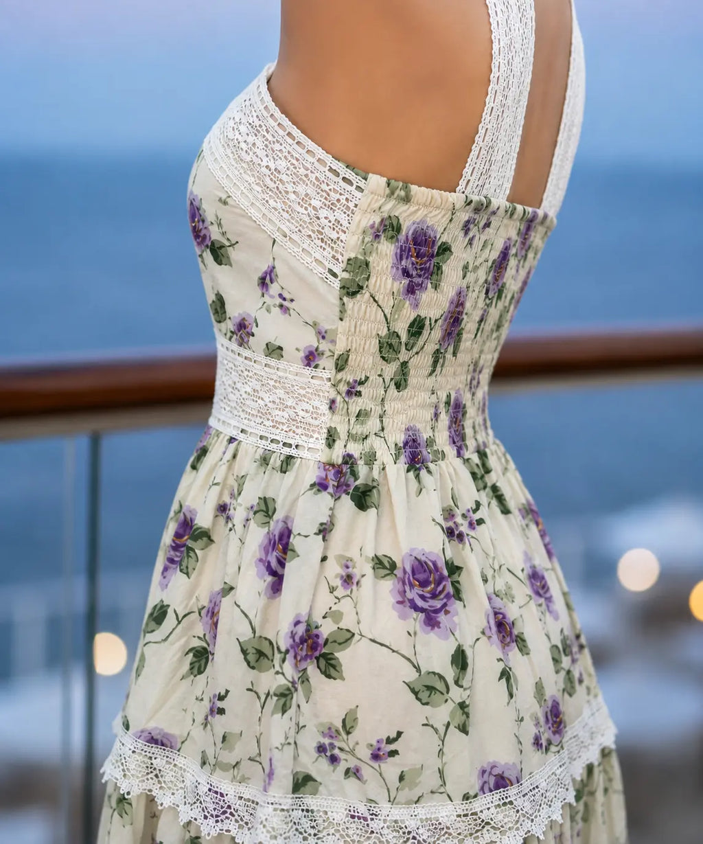 Floral Print Tiered Midi Dress with Lace Trim & Smocked Back
