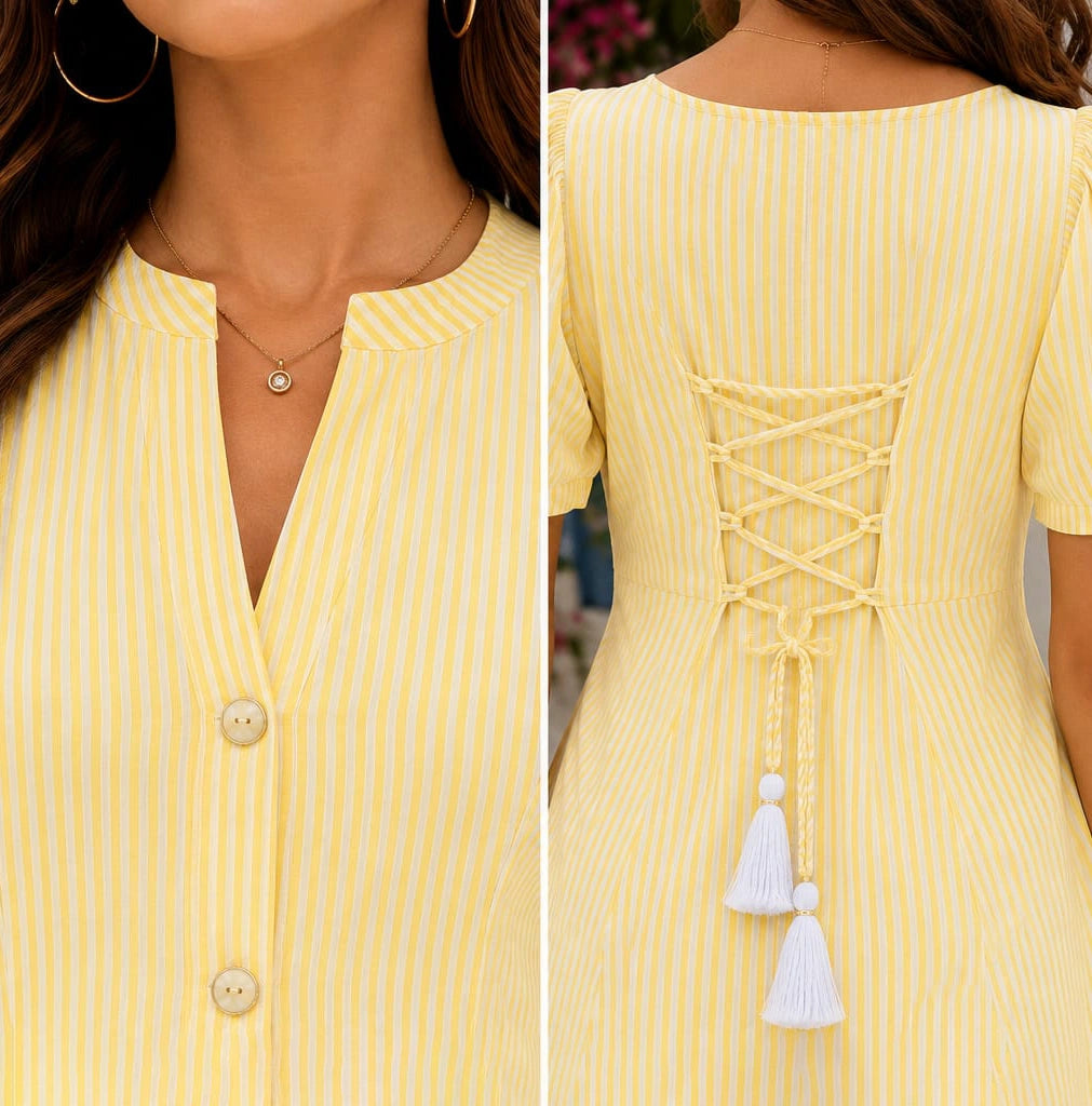 Women’s Yellow Striped Cotton Midi Dress | Puff Sleeve