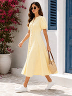 Women’s Yellow Striped Cotton Midi Dress | Puff Sleeve