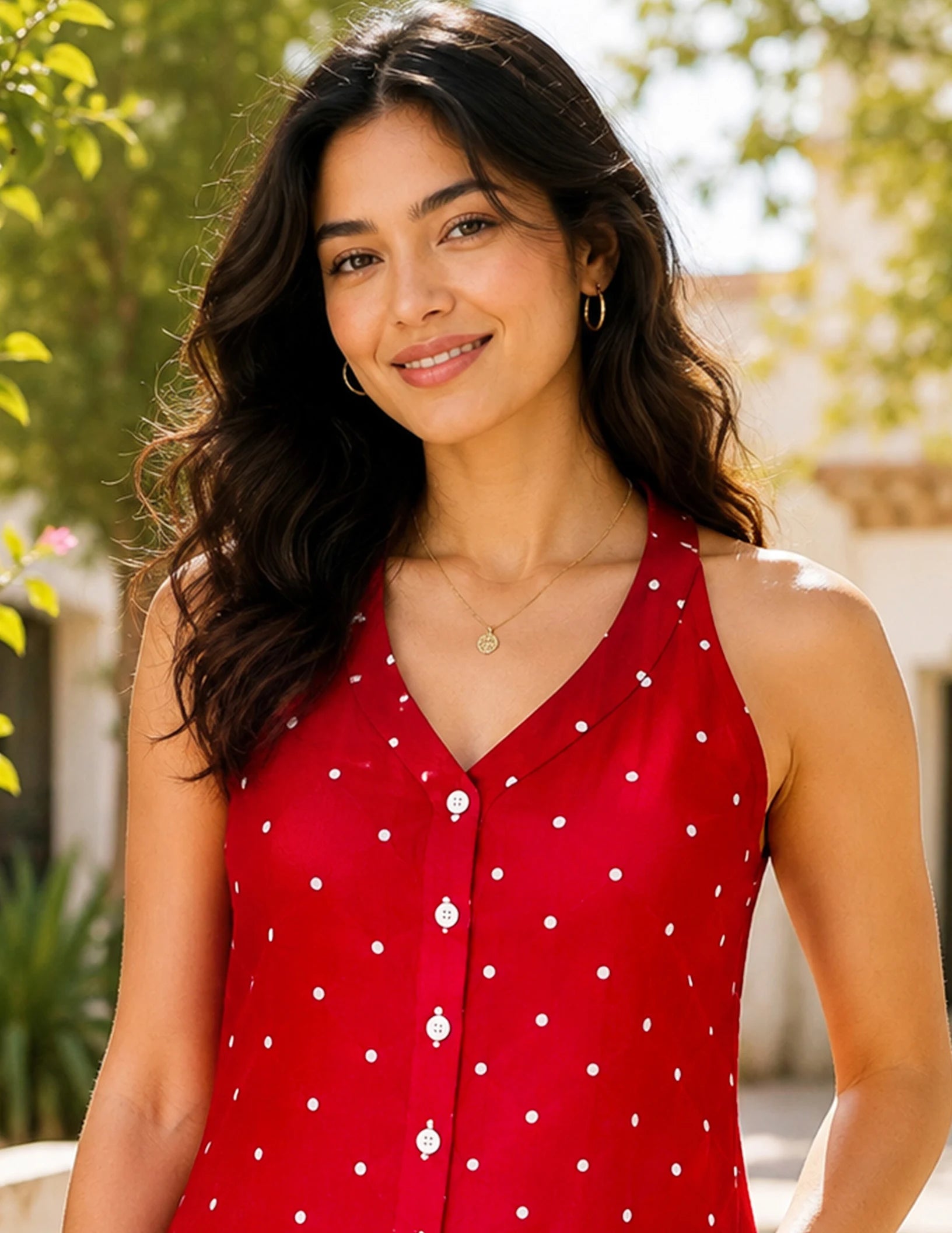 Women's Red Printed Halter Neck Sleeveless Casual Top