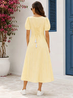 Women’s Yellow Striped Cotton Midi Dress | Puff Sleeve