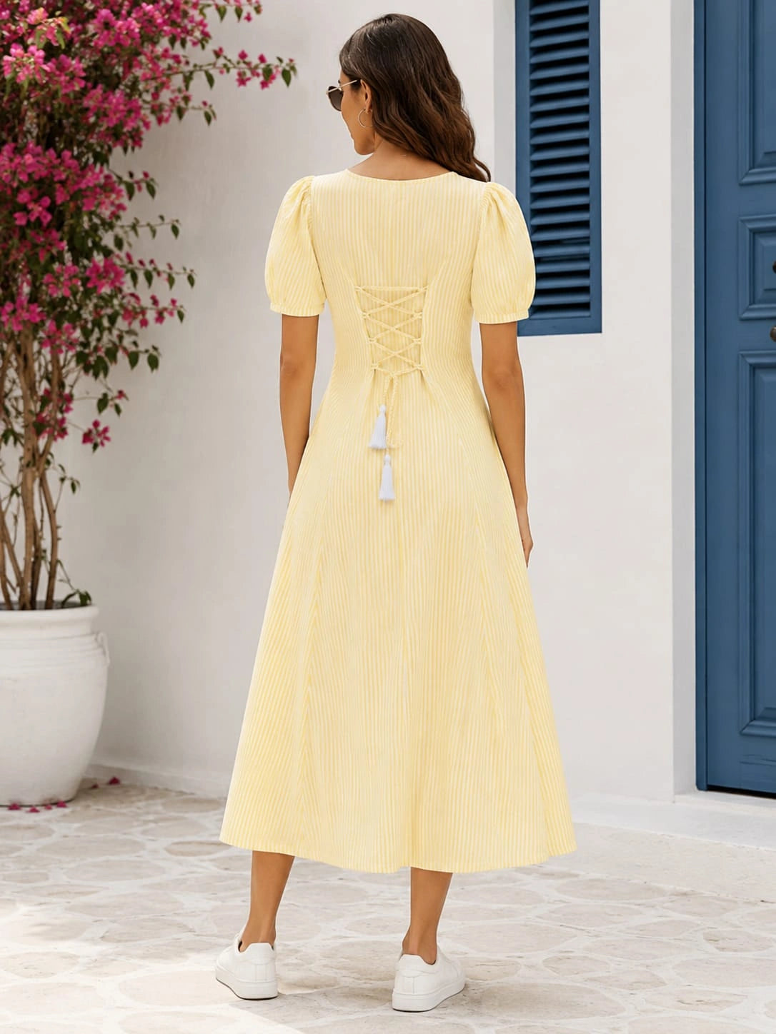 Women’s Yellow Striped Cotton Midi Dress | Puff Sleeve