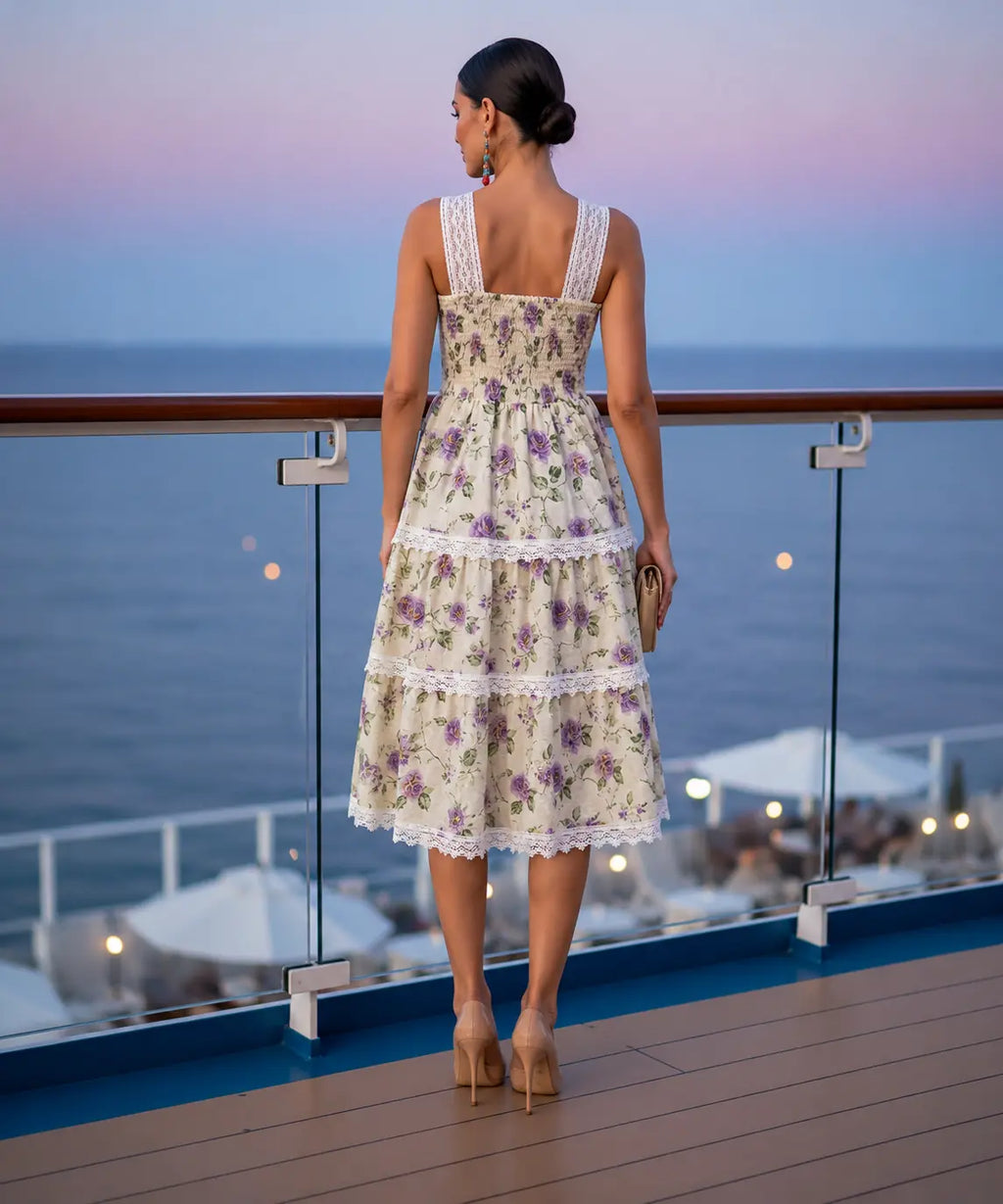 Floral Print Tiered Midi Dress with Lace Trim & Smocked Back