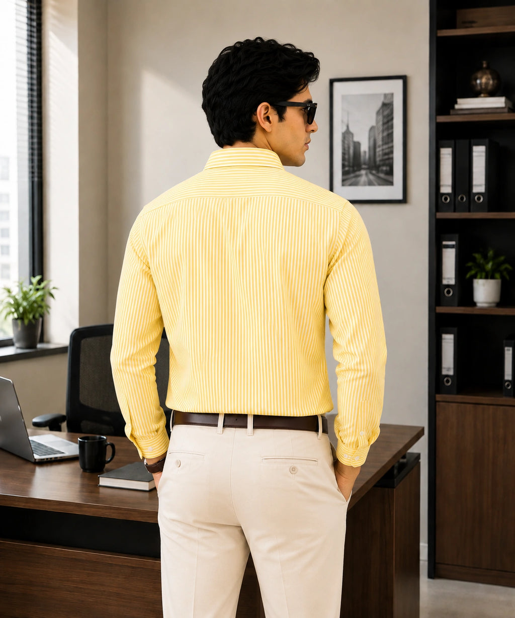 Men's Yellow Striped Cotton Shirt | Full Sleeve Casual Shirt