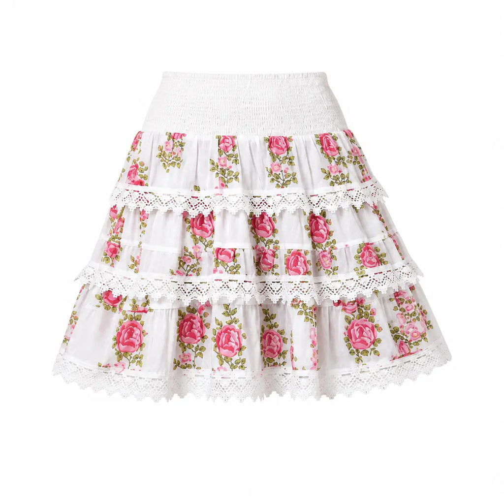 White & Pink Floral Cotton Mini Skirt for Women