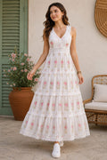 White Pink Rose Print 100% Cotton Maxi Dress For Women's