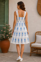Women's Blue Floral Lace Midi Dress In Cotton Fabric