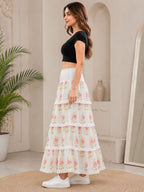 Women's 100% Cotton White Pink Floral Tiered Maxi Skirt