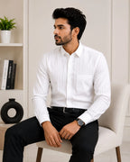 Men's White Pure Cotton Striped Full Sleeve Shirt