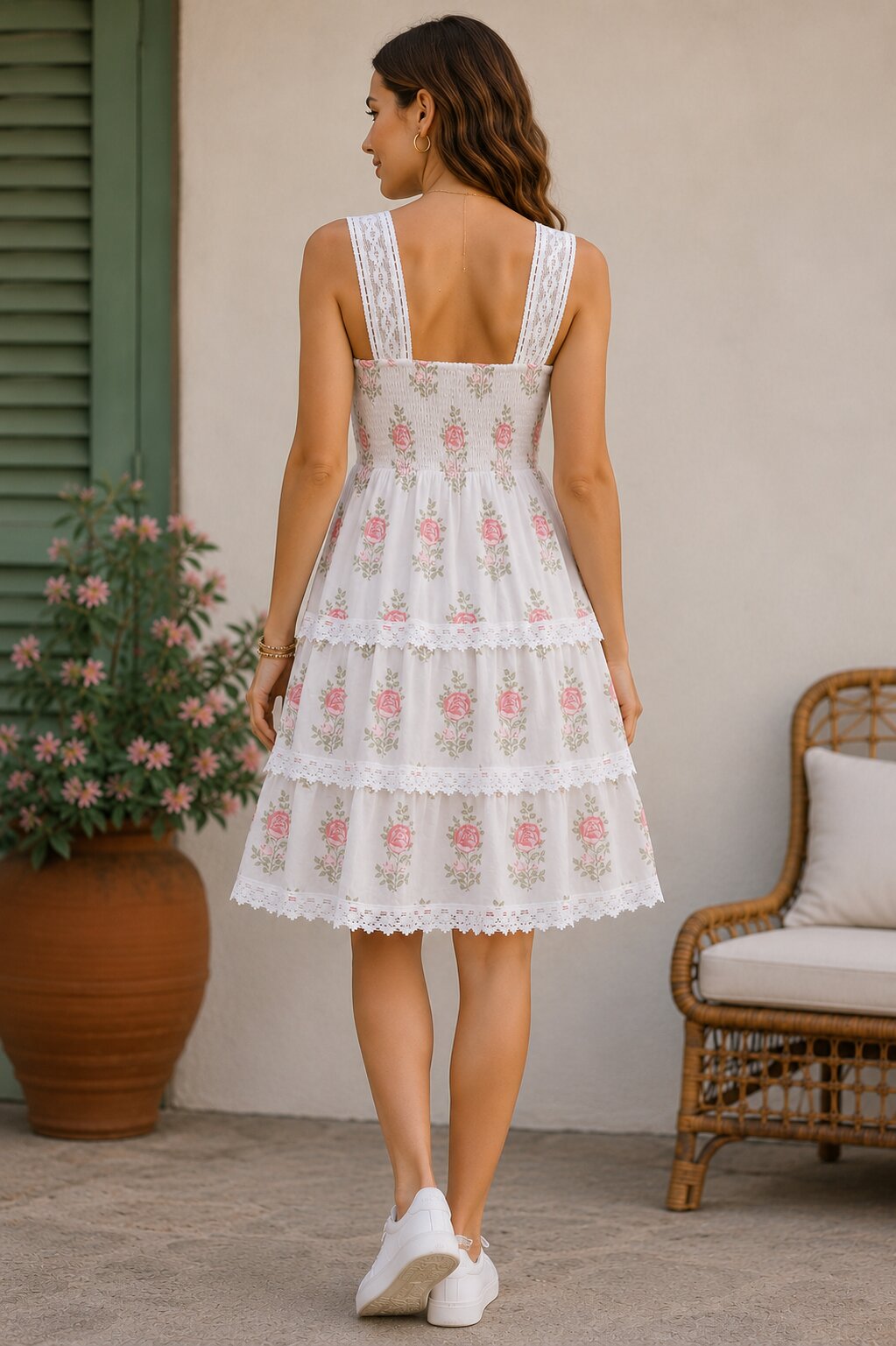 Women's 100% Cotton White Pink Floral Lace V-Neck Sleeveless Tiered Midi Dress