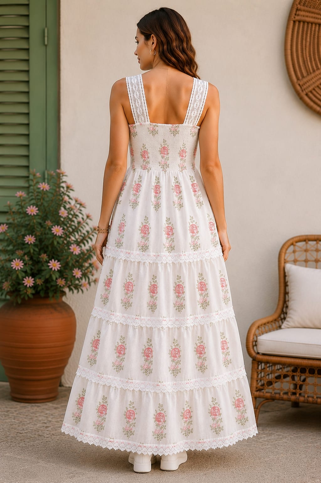 White Pink Rose Print 100% Cotton Maxi Dress For Women's