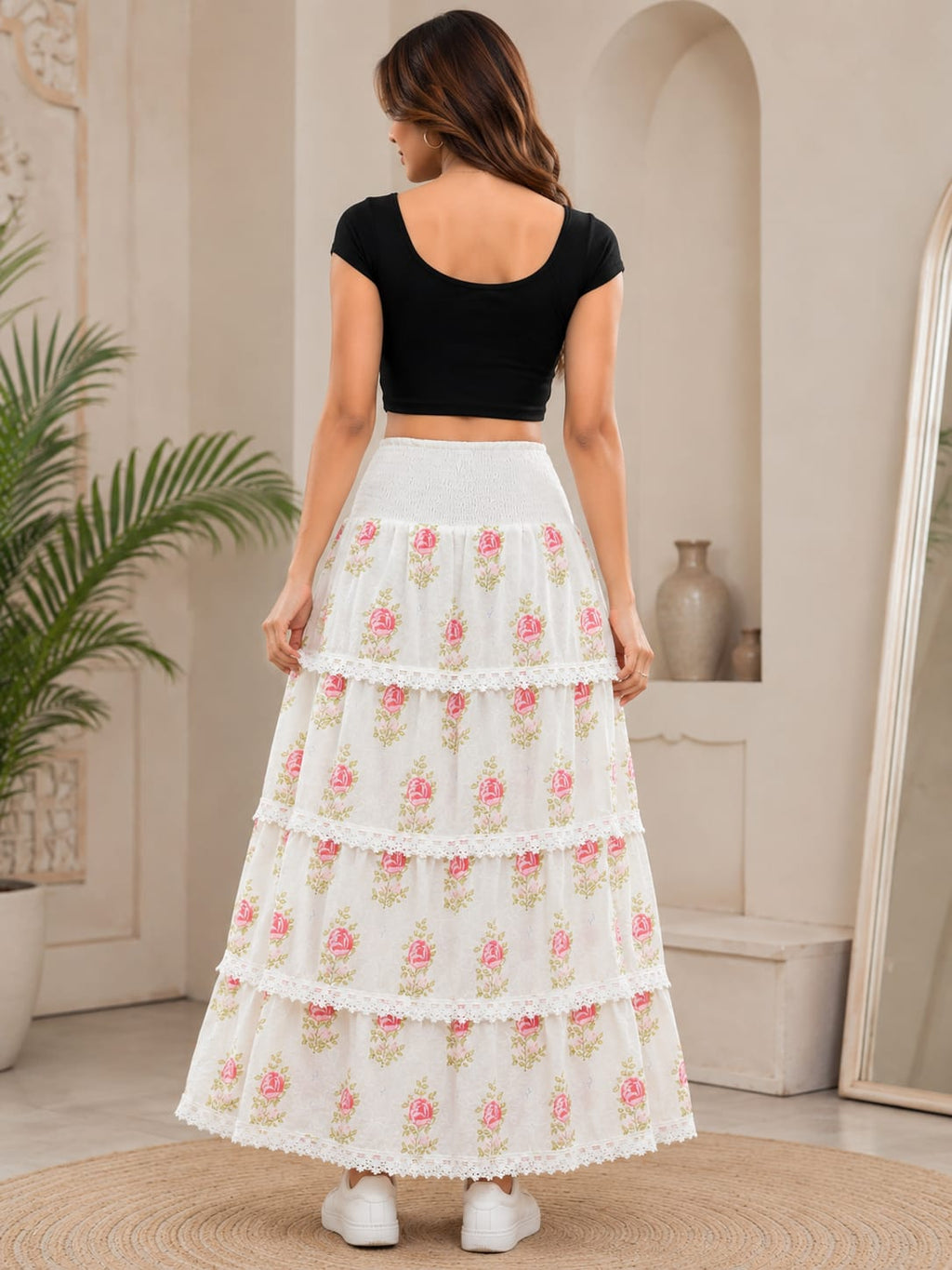 Women's 100% Cotton White Pink Floral Tiered Maxi Skirt