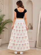 Women's 100% Cotton White Pink Floral Tiered Maxi Skirt