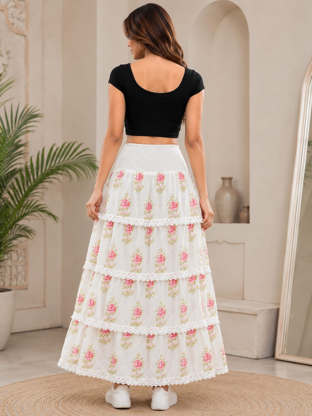 Women's 100% Cotton White Pink Floral Tiered Maxi Skirt