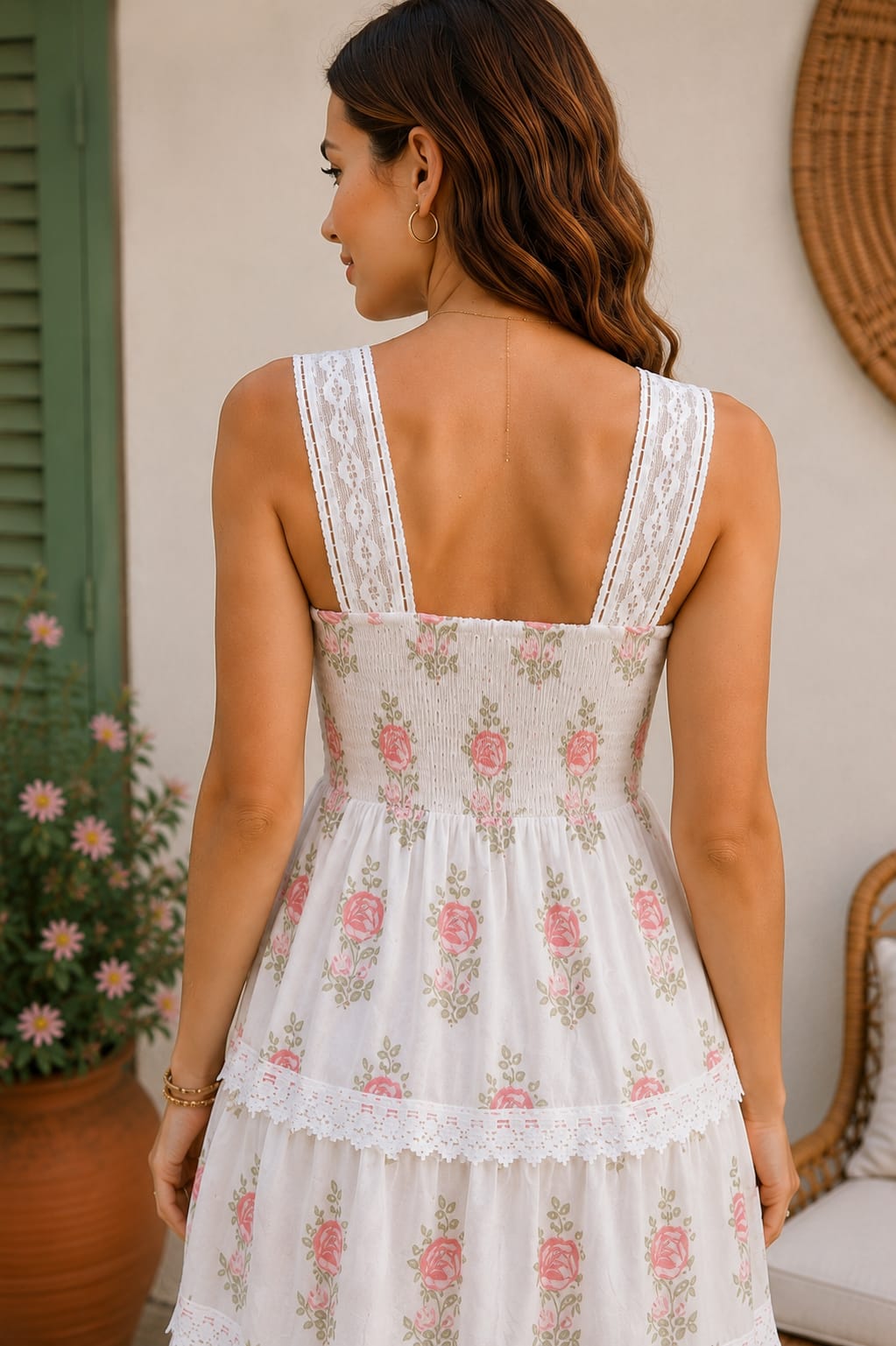 White Pink Rose Print 100% Cotton Maxi Dress For Women's