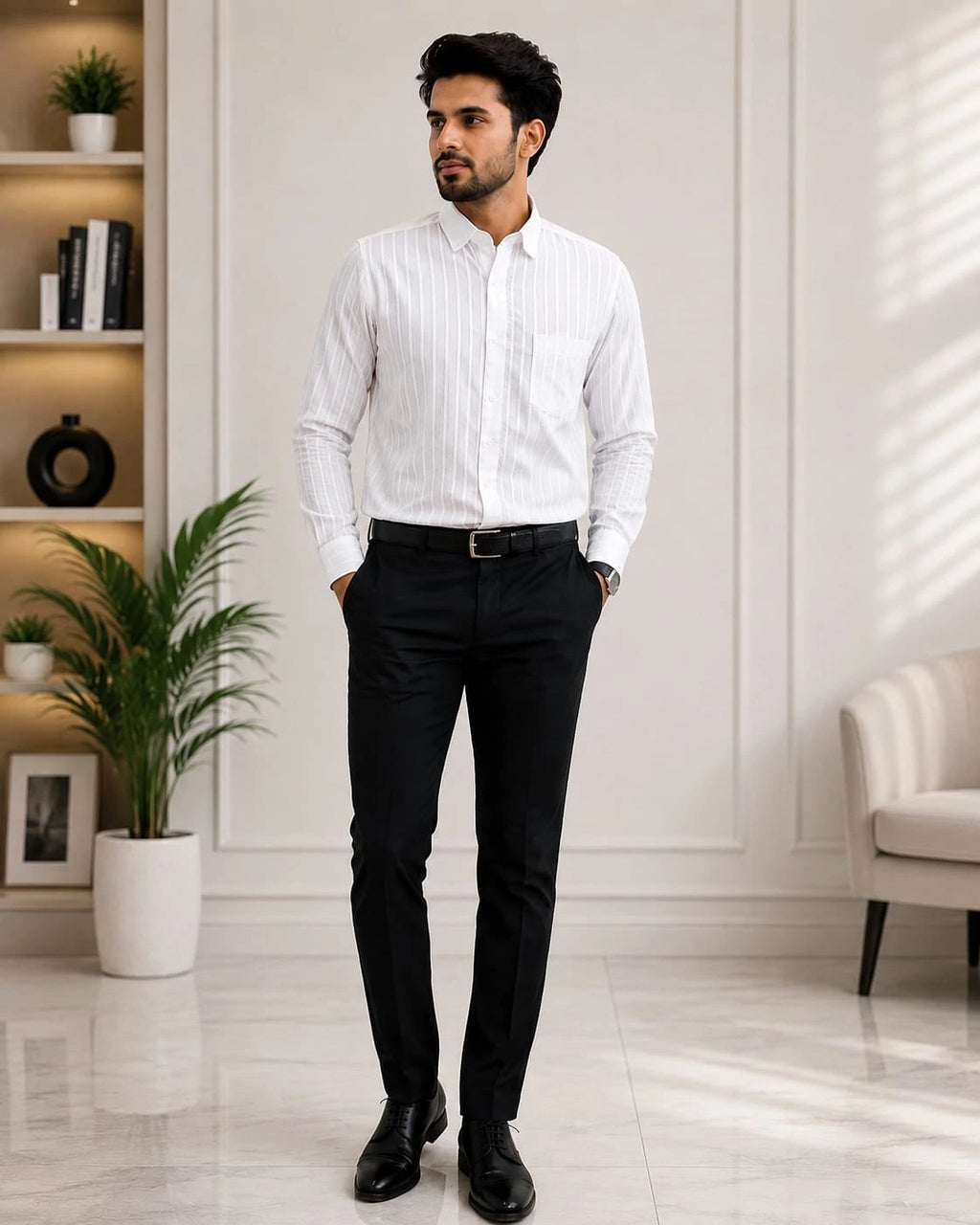 Men's White Pure Cotton Striped Full Sleeve Shirt