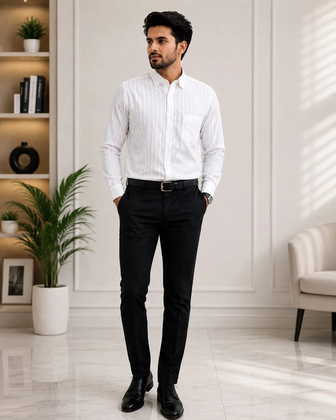 Men's White Pure Cotton Striped Full Sleeve Shirt