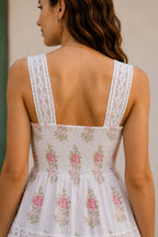 Women's 100% Cotton White Pink Floral Lace V-Neck Sleeveless Tiered Midi Dress