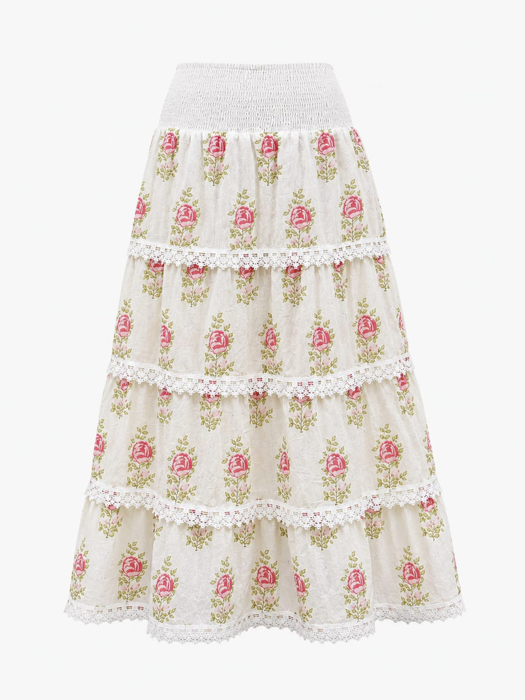 Women's 100% Cotton White Pink Floral Tiered Maxi Skirt