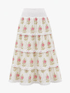 Women's 100% Cotton White Pink Floral Tiered Maxi Skirt
