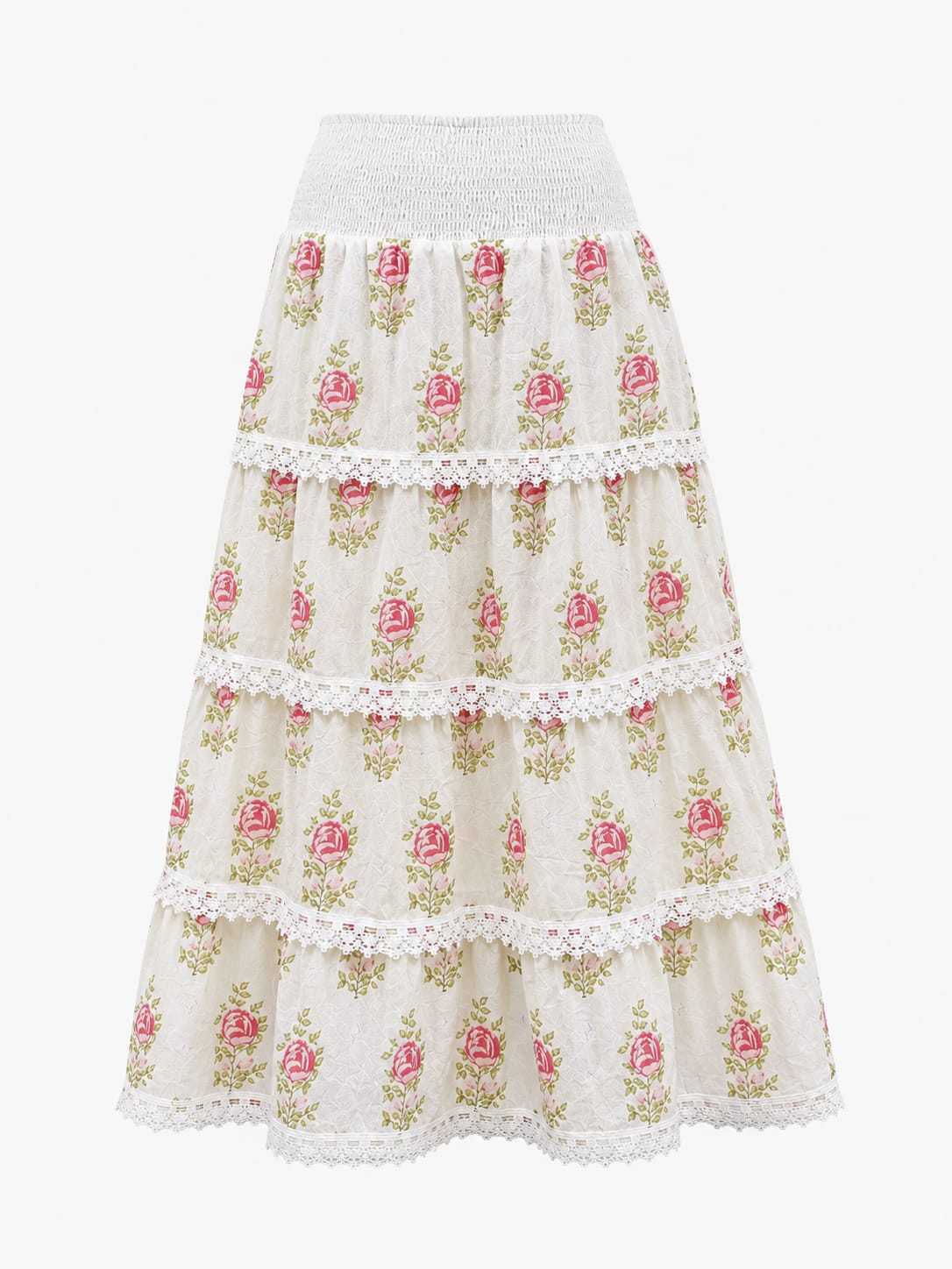 Women's 100% Cotton White Pink Floral Tiered Maxi Skirt