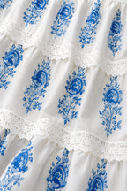 Women's Blue Floral Lace Midi Dress In Cotton Fabric