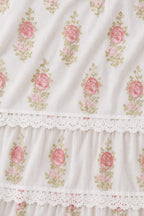 White Pink Rose Print 100% Cotton Maxi Dress For Women's