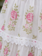 Women's 100% Cotton White Pink Floral Lace V-Neck Sleeveless Tiered Midi Dress