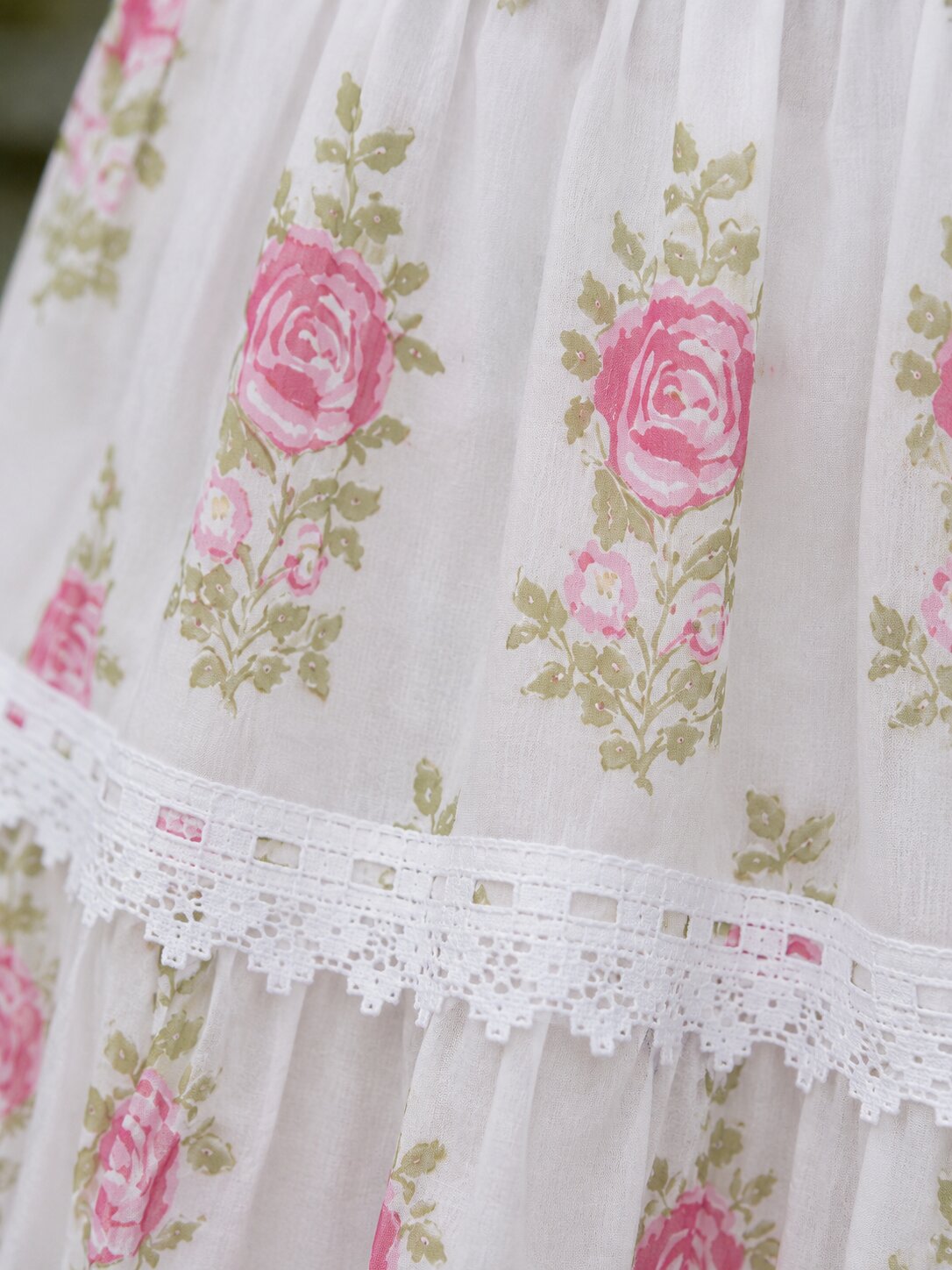 Women's 100% Cotton White Pink Floral Lace V-Neck Sleeveless Tiered Midi Dress
