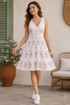 Women's 100% Cotton White Pink Floral Lace V-Neck Sleeveless Tiered Midi Dress