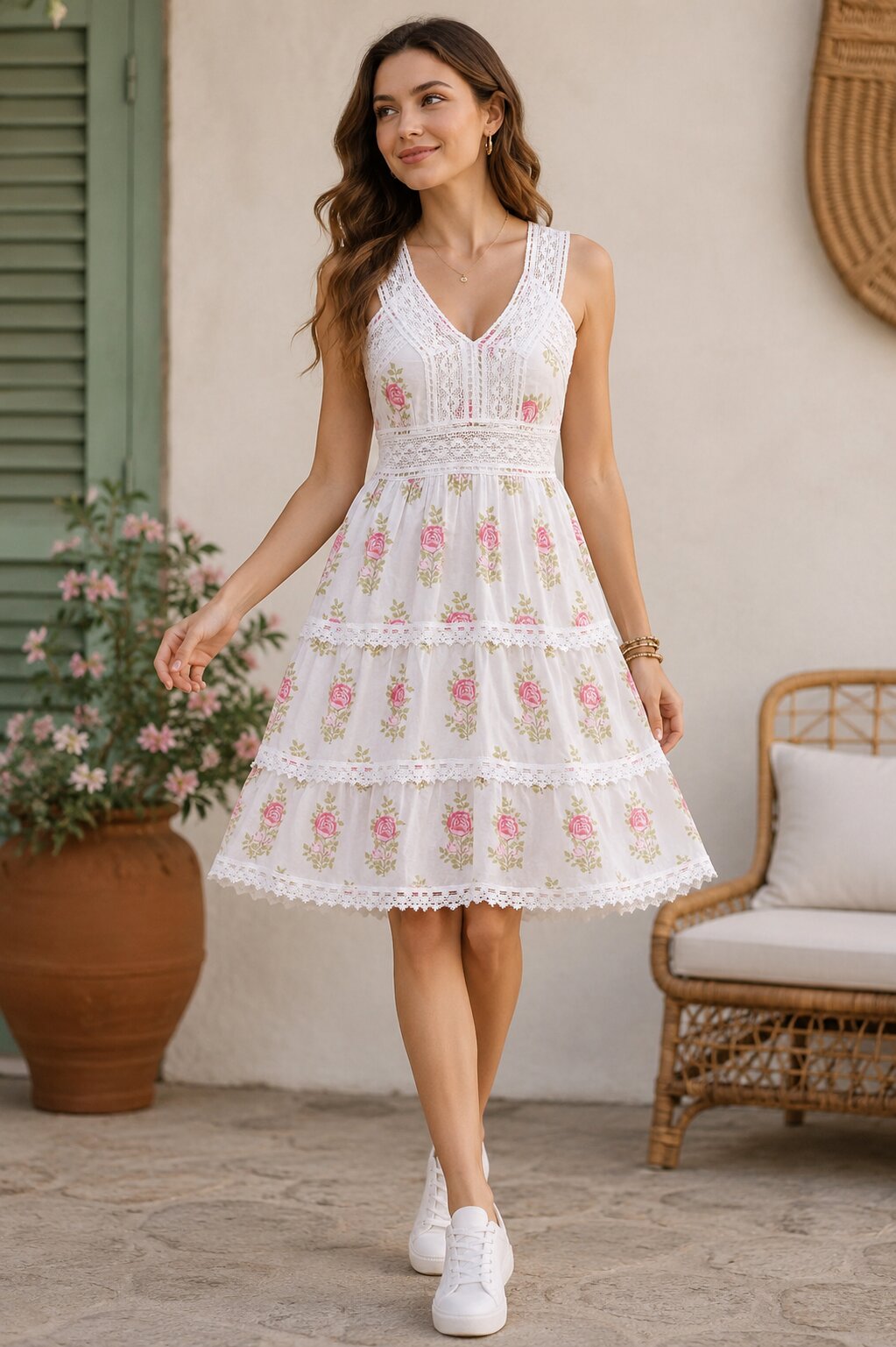 Women's 100% Cotton White Pink Floral Lace V-Neck Sleeveless Tiered Midi Dress