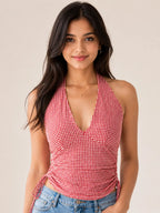 Pink Gingham Cotton Halter Top – Ruched Tie Side Crop Top