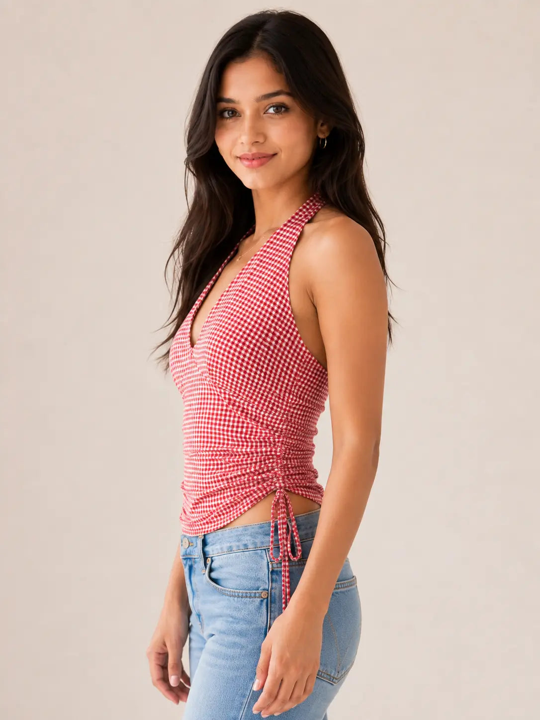 Pink Gingham Cotton Halter Top – Ruched Tie Side Crop Top