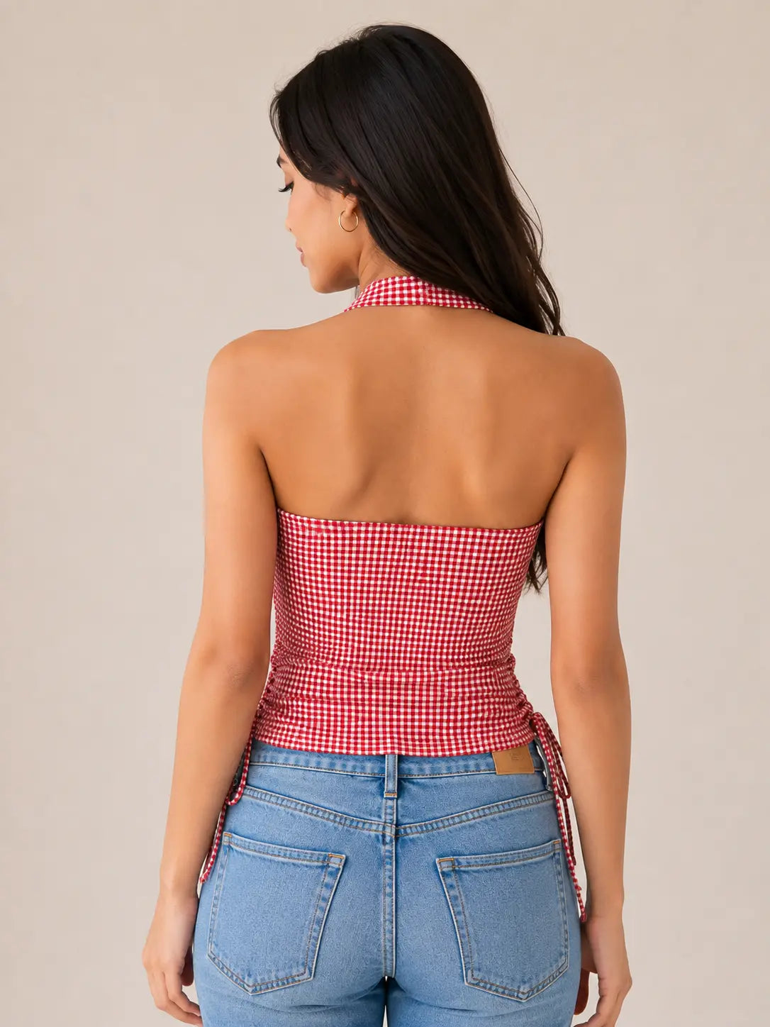 Pink Gingham Cotton Halter Top – Ruched Tie Side Crop Top