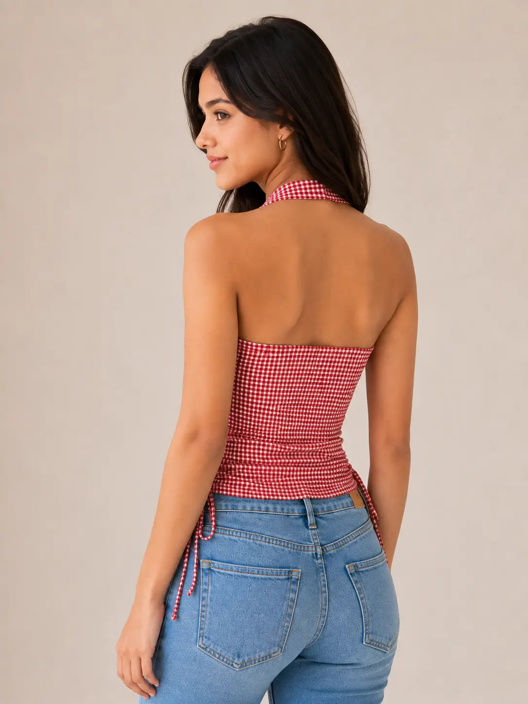 Pink Gingham Cotton Halter Top – Ruched Tie Side Crop Top