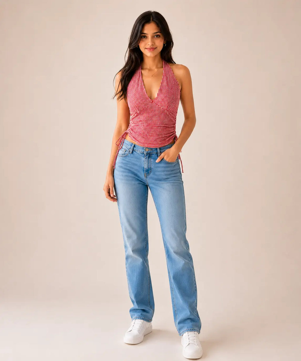 Pink Gingham Cotton Halter Top – Ruched Tie Side Crop Top