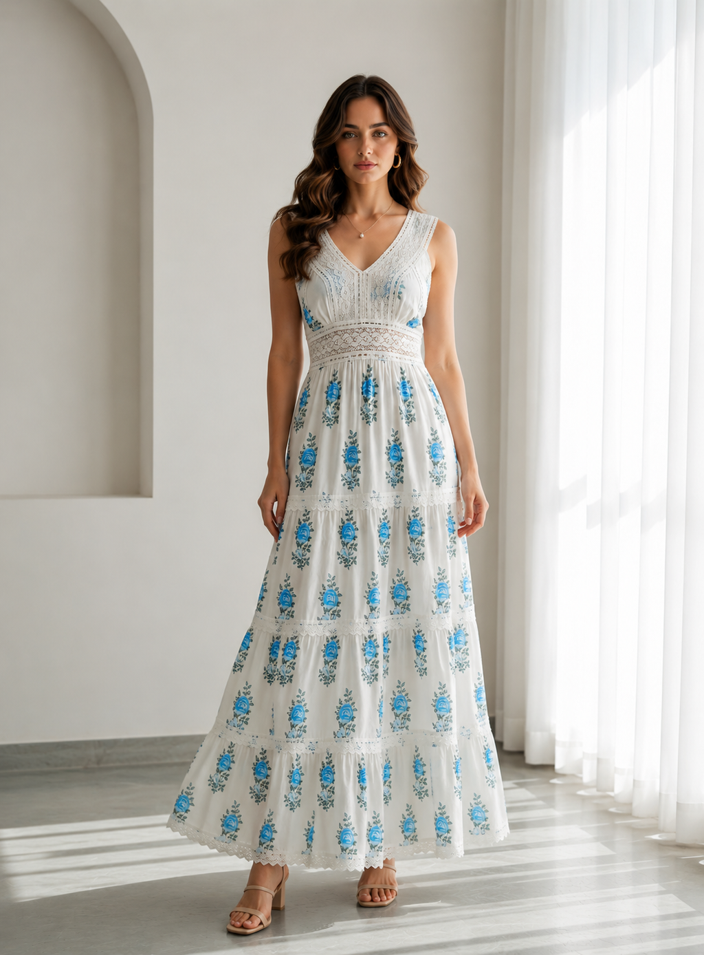 Women's 100% Cotton Blue Floral Lace Maxi Dress