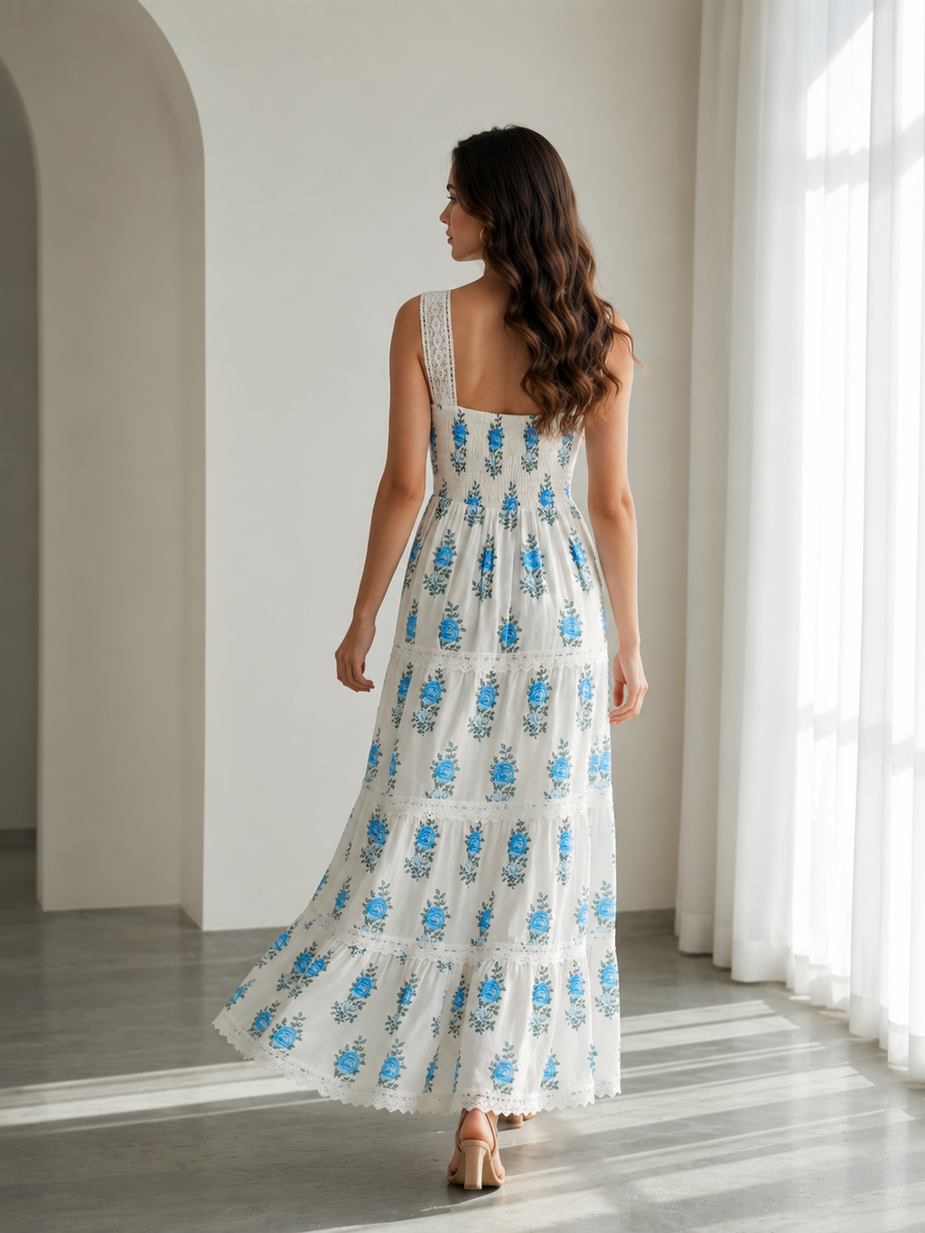 Women's 100% Cotton Blue Floral Lace Maxi Dress