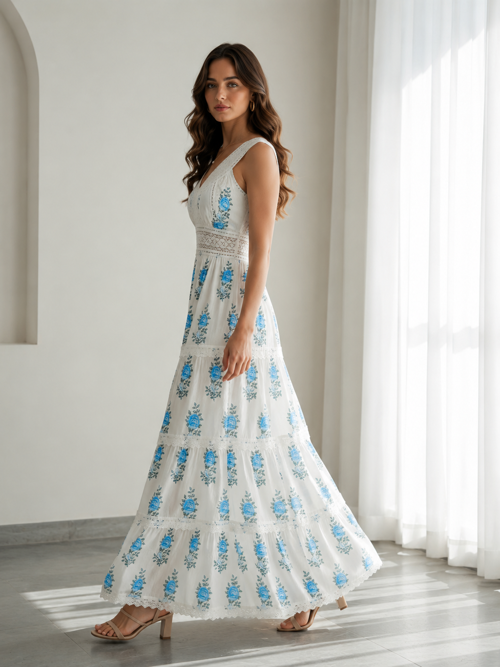 Women's 100% Cotton Blue Floral Lace Maxi Dress