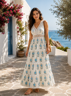 Women's 100% Cotton Blue Floral Lace Maxi Dress