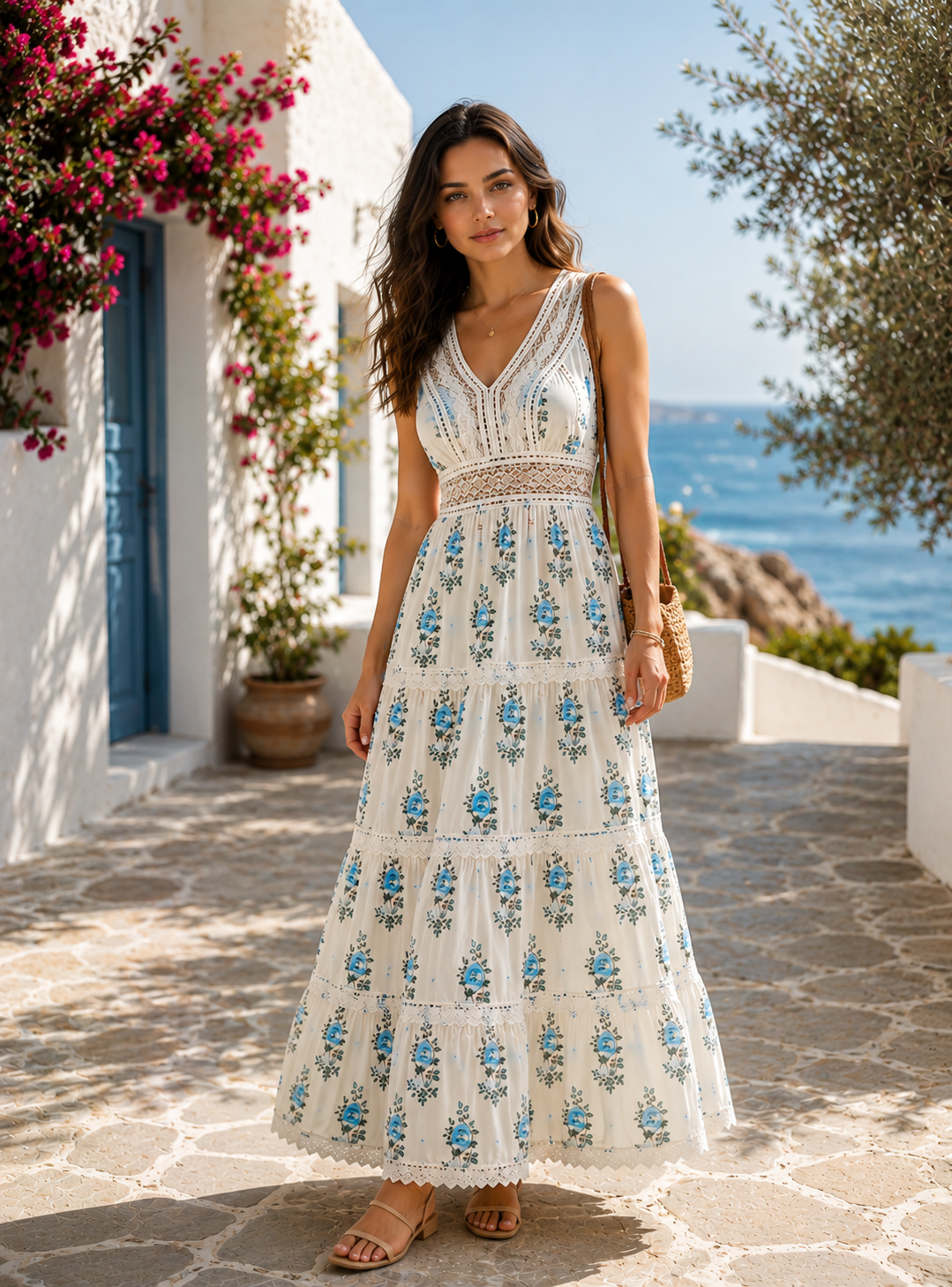 Women's 100% Cotton Blue Floral Lace Maxi Dress